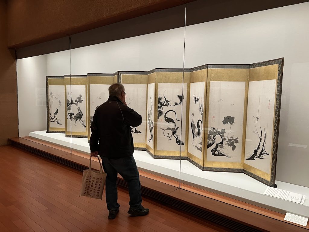 「花鳥図押絵貼屏風」伊藤若冲/六曲一双/江戸中期/紙本墨絵/江戸中期