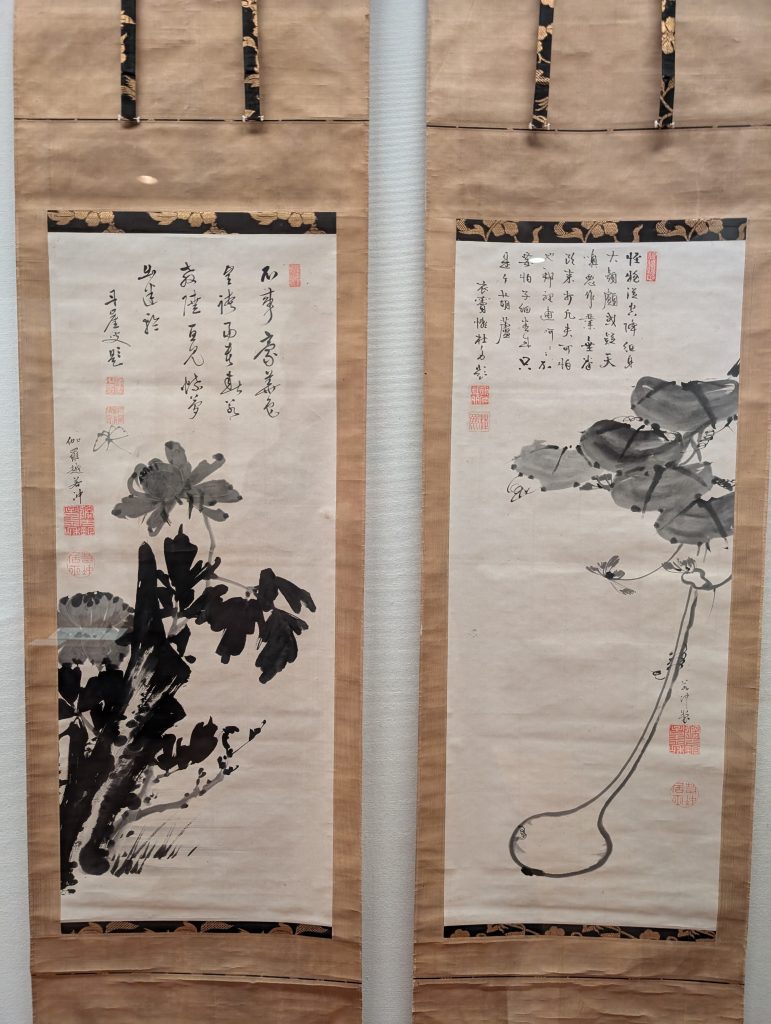 「瓢箪・牡丹図」（ひょうたん・ぼたんず）伊藤若冲/双幅/紙本墨絵/江戸中期。