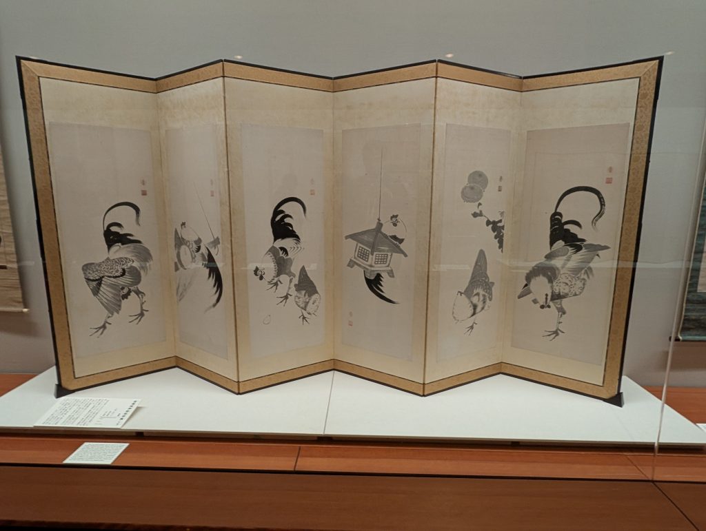 。「遊鶏図押絵貼屏風(右隻）」伊藤若冲/六曲一双の右隻/紙本墨絵/江戸後期。