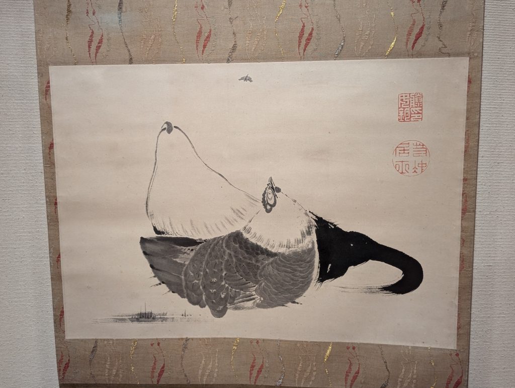 「虻に双鶏図」（あぶにそうけいず）伊藤若冲/一幅/紙本墨画/江戸中期。